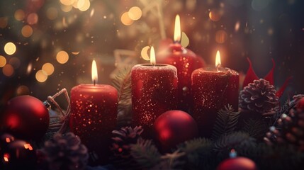 Poster - Group of red candles on a table, suitable for home decor