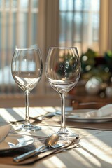 Poster - Two empty wine glasses on a table, perfect for restaurant or celebration concept