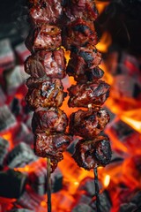 Wall Mural - A bunch of meat on a skewer cooking over a fire. Ideal for food and barbecue concepts
