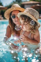 Poster - A woman and a child enjoying in a swimming pool. Perfect for family and summer vacation concepts