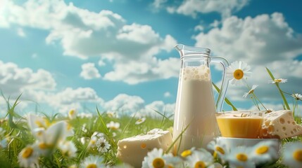 Canvas Print - Fresh pitcher of milk on a vibrant green field, suitable for dairy or farm concepts