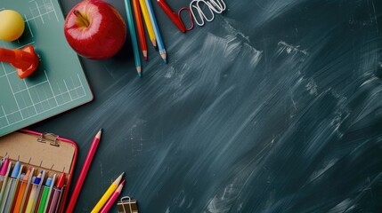 Poster - School supplies arranged neatly on a blackboard. Great for educational concepts