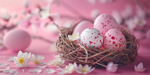 Poster - Nest with eggs and flowers on pink surface. Suitable for spring and Easter themed designs