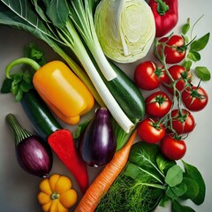 Wall Mural - fresh vegetables on white background.a modern, minimalist style. The composition features clean lines and bold colors, with each vegetable arranged in a geometric pattern that creates a sense of harmo