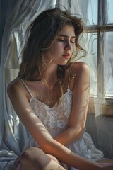 Poster - A beautiful young woman sitting on a bed next to a window. Suitable for lifestyle and interior design concepts