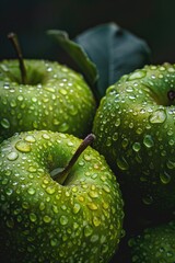 Poster - Three green apples with water droplets, perfect for food and healthy eating concepts