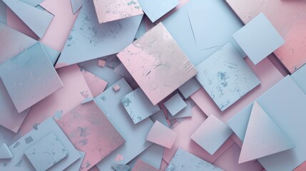 Poster - A background filled with overlapping geometric shapes in pastel tones, some with a metallic sheen and others with a soft, matte texture.