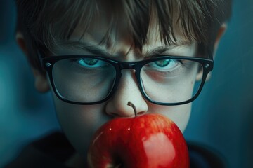 Sticker - A boy with glasses biting into a fresh apple. Great for educational or healthy eating concepts