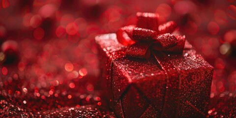 Poster - A red gift box sitting on a table, perfect for holiday concepts