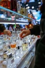 Poster - A person standing in front of a display of perfumes. Suitable for advertising and retail concepts