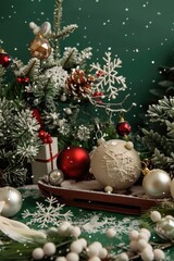 Poster - Festive Christmas ornaments on tray with tree background. Perfect for holiday season concept