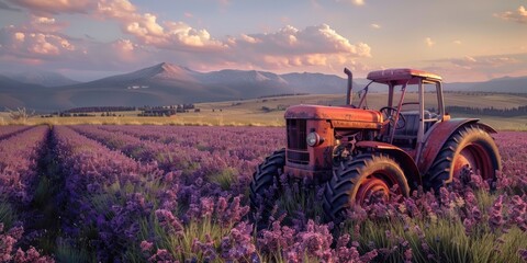 Aufkleber - Vintage tractor in a picturesque lavender field, ideal for agricultural concepts