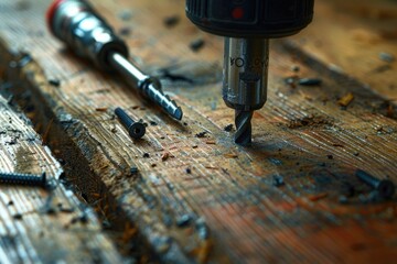 Poster - A drill and screws displayed on a wooden table. Ideal for DIY projects or construction themes