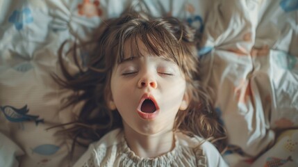 Wall Mural - A young girl peacefully sleeping in bed. Ideal for illustrating bedtime routines