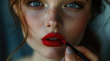 Poster - Close up of a person applying lipstick. Perfect for beauty and makeup industry