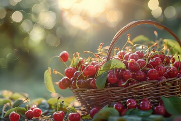 Poster - Fresh cherries in a basket on a wooden table, perfect for food and fruit concepts