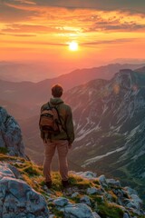 Aufkleber - A man with a backpack standing on top of a mountain. Suitable for outdoor adventure concepts