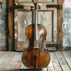 Poster - A violin resting on a wooden floor, suitable for music or instrument themes