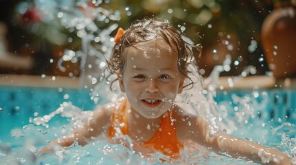 Poster - A young girl having fun in a pool. Perfect for summer promotions