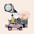 Collage with a woman with a laptop sitting on a car and a clock.