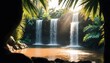 
Eine Oase auf einer tropischen Insel, mit majestätischen Wasserfällen, die in einen malerischen See fließen. Natürliche Schönheit und paradiesische Atmosphäre.