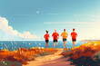 Illustration of four people running together on a scenic coastal path with a vibrant sky and tranquil sea in the background.