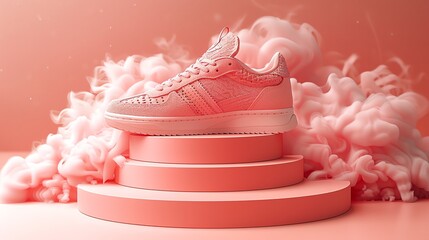 Wall Mural - A bold 3D podium on a hot pink background showcasing a pair of trendy sneakers