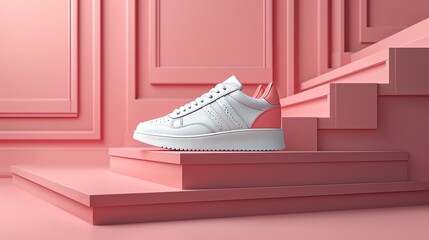 Wall Mural - A bold 3D podium on a hot pink background showcasing a pair of trendy sneakers