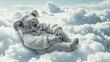 Illustration of a koala wearing a nightgown resting and sleeping soundly on a cloud