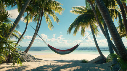 Wall Mural - A hammock hanging from palm trees on a beach with white sand and blue water.

