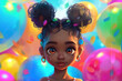 A black girl with big eyes and hair buns playing in the ball pit, surrounded by colorful balloons