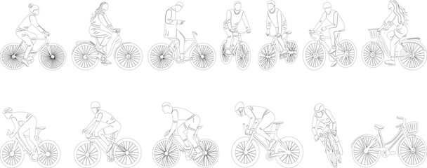 Wall Mural - people on bicycle set, sketch on white background vector