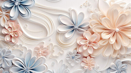 Wall Mural - Bridal paper flowers background for wedding invitation. Quilling floral background. Filigree paper floral banner mockup in pastel colors. Quilling paper abstract background with copy space. High	
