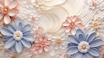 Wall Mural - Bridal paper flowers background for wedding invitation mockup. Quilling paper abstract background with copy space. Filigree paper floral banner mockup in pastel colors. Quilling floral background	
