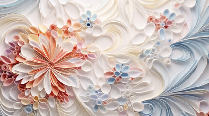 Wall Mural - Wedding invitation mockup. Quilling floral background. Filigree paper floral banner in pastel colors. Bridal paper flowers. Quilling paper abstract background with copy space. Hi-res illustration	

