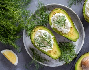 Zenith view of two halh avogados filled with cream cheese and dill.