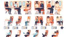 Passengers Travel By Plane Set Vector Illustration