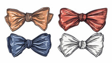 Hand Drawn Four Bow Ties. Colored Vector Set. All Elem