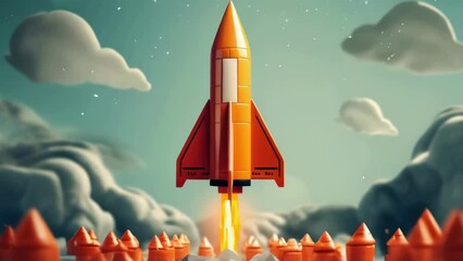 Poster - A red rocket soaring through the sky. Suitable for science and technology concepts.