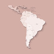 Vector illustration with South America land with borders of countries and names of states. Political map in brown colors with regions. Beige background