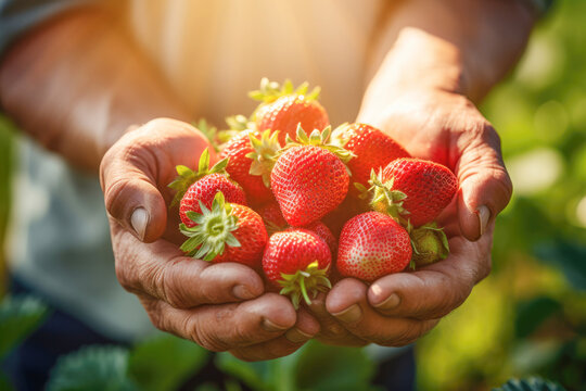 A closeup of a farmer picking delicious red strawberries, showcasing the joy of harvesting fresh and organic produce.