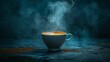 A steaming cup of black coffee set against a dark background. AI generate illustration