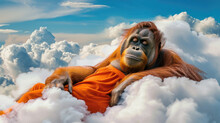 Illustration Of An Orangutan Wearing An Orange Nightgown Resting And Sleeping Soundly Above The Clouds