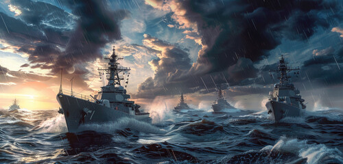 Wall Mural - A navy fleet of warships, including the destroyer and frigate in front with a stormy sea background.