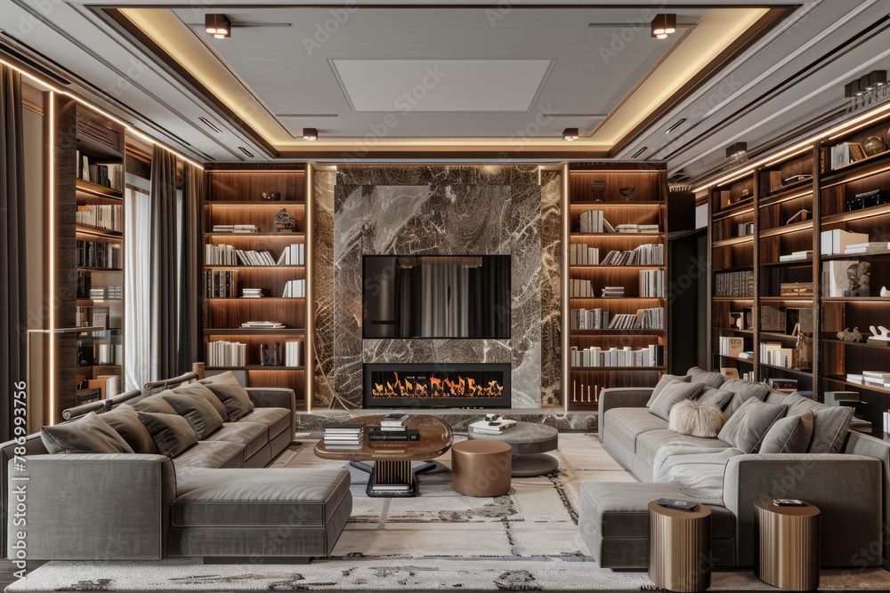 An elegant living room in a deluxe country estate showcasing a marble ...