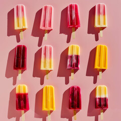 Wall Mural - Vibrant red and yellow popsicles   against the light pink background. Sunlight and shadows. Cool summer vibe.