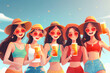 Illustration of five stylish women enjoying drinks together on a sunny day.
