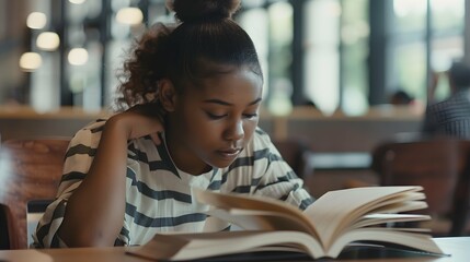 Young student learning from book in the classroom at university.