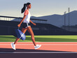 © neatlynatly - Illustration of a woman walking on a track field carrying a gym bag, with stadium lights in the background at dusk.