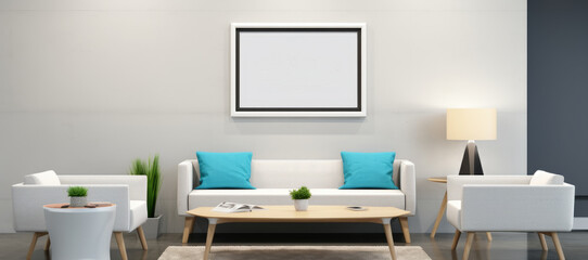 living room with a white couch, two chairs, a coffee table, and a potted plant. The room is decorated with blue pillows and a white wall. The room has a modern and minimalist design